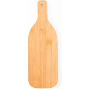 A bamboo paddle board with a smooth, natural finish and a handle at one end. It features a round hole for hanging.