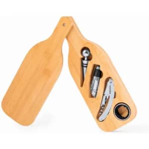 A wooden wine gift set featuring a bottle-shaped case with wine accessories inside, including a corkscrew and pourer.