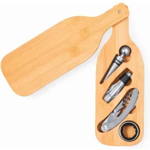 A drink bottle shaped bamboo set featuring wine accessories, including a stopper, corkscrew, and a pourer.
