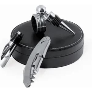A wine accessory set featuring a corkscrew, pourer, and stopper, all in a black case with white stitching.