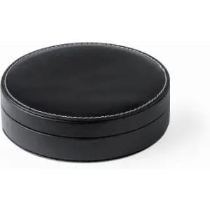 A round black leather box with a stitched edge, featuring a lid that fits snugly on the base.