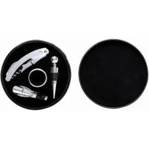 A black circular box containing a corkscrew, wine stopper, and a ring in silver finish.