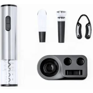 A drink bottle kit in silver and black, featuring a bottle, two attachments, and a corkscrew tool.