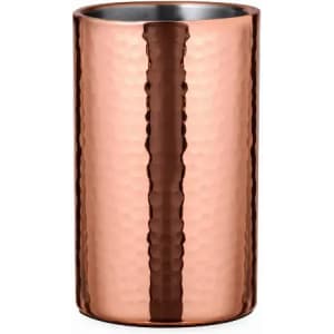 A drink bottle with a hammered copper finish and a stainless steel interior. Features a simple logo.