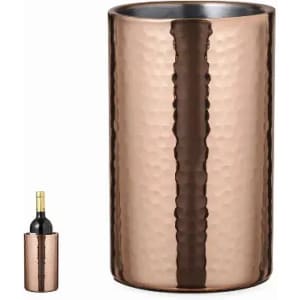 A drink bottle in a hammered copper finish, featuring a sleek, cylindrical design and a silver interior.
