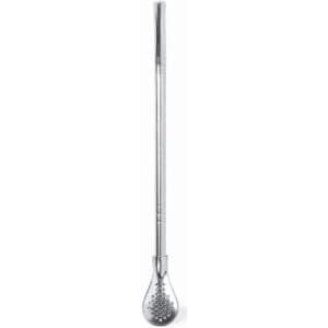 A stainless steel cocktail strainer with a long handle and a rounded, perforated head.