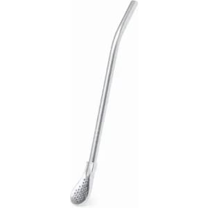 A stainless steel drinking straw with a curved design and a spoon-shaped end.