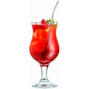 A drink bottle featuring a vibrant red beverage with ice and a straw, garnished with mint leaves.
