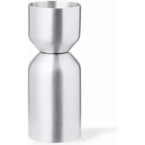 A drink bottle made of stainless steel, featuring a sleek silver finish and a unique hourglass design.