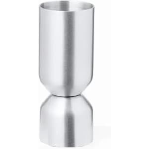 A drink bottle in silver, featuring a sleek, modern design with a cylindrical top and a wider base, including a logo.
