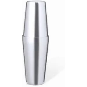 A drink bottle in a sleek silver design with a two-piece construction and a brand logo.