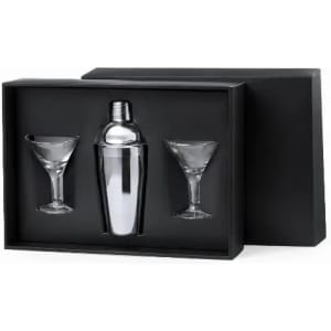 A drink bottle set featuring a silver shaker and two clear cocktail glasses, presented in a black gift box.