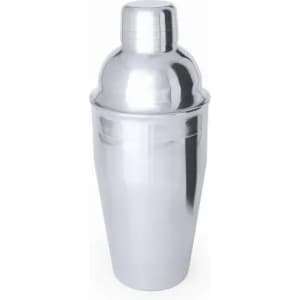 A drink bottle with a sleek silver finish and a classic shaker design, featuring a round top and a smooth surface.