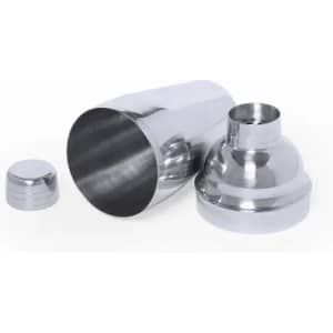 A stainless steel drink shaker with a sleek finish, featuring a main body and two separate caps.