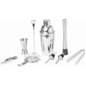 A cocktail shaker set including a shaker, jigger, strainer, stirring spoon, and pour spouts, all in shiny silver.