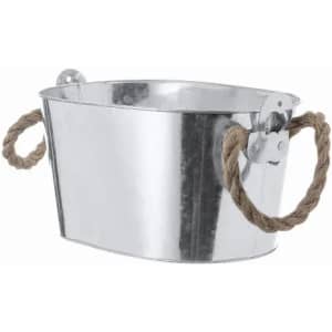 A silver metal bucket with rounded edges and natural rope handles on each side.