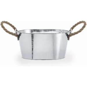 A metal tub with rope handles, featuring a shiny silver finish and an oval shape.