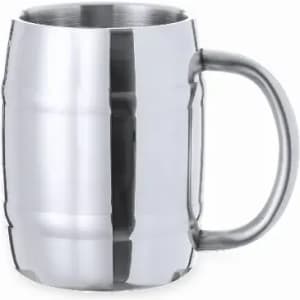 A drink bottle in a shiny silver finish with a sturdy handle and a cylindrical shape. It features a simple design.