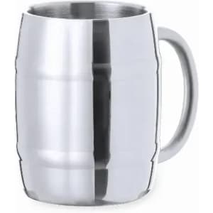 A drink bottle in a shiny silver finish with a sturdy handle and a barrel-shaped design. It features a logo.