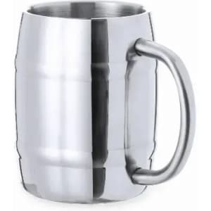 A drink bottle with a shiny stainless steel finish, featuring a curved handle and a smooth cylindrical shape.