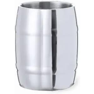 A drink bottle with a shiny silver finish, featuring a sleek, cylindrical design and a logo.