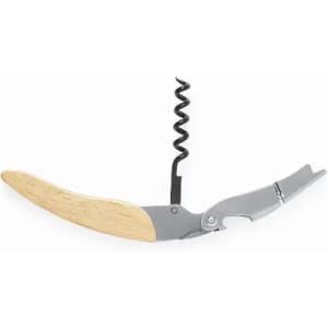 A corkscrew with a wooden handle and a metallic finish, featuring a spiral corkscrew and a bottle opener.