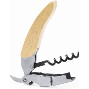 A corkscrew with a wooden handle and silver-toned metal components, featuring a spiral corkscrew and blade.