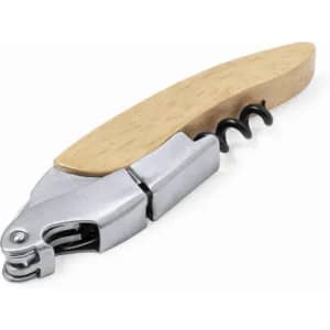 A corkscrew with a wooden handle and a metallic cork remover, featuring a spiral metal screw.