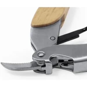 A pruning tool with a stainless steel blade and a wooden handle, featuring a curved cutting edge.