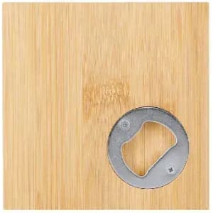 A bamboo bottle opener featuring a round metal cap. The surface is smooth with a natural wood grain pattern.
