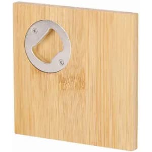 A bamboo bottle opener with a metal cap remover, featuring a sleek and natural finish.