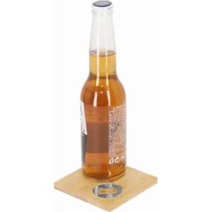 A drink bottle with a light amber beverage sits on a square wooden base, featuring a circular cutout. It has a logo.