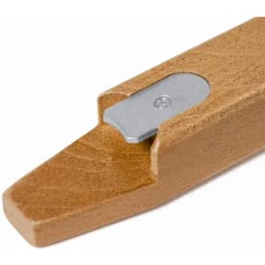 A wooden boat skimming tool with a metal blade, featuring a smooth finish and tapered design.