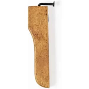 A wooden handle tool with a metal hook attachment, featuring a natural wood finish and an iron nail.