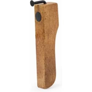 A wooden tool with a curved handle and a metal clasp. It features a natural finish with a dark accent.