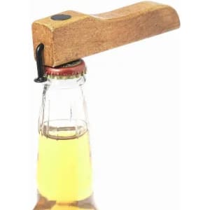 A bottle opener with a wooden handle, designed to remove caps from glass bottles.