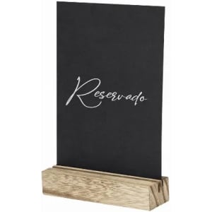 A reserved sign with a black background and white cursive text, mounted on a wooden base.