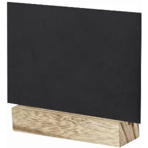 A black display sign mounted on a wooden base. The sign features a simple rectangular shape.
