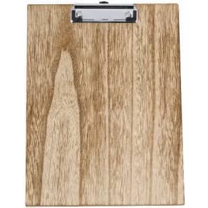 A clipboard made of natural wood with a metal clip, featuring a smooth surface and a light brown colour.