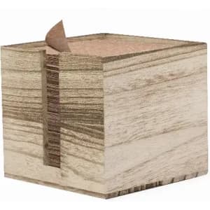 A wooden block with a textured finish and a peel-off section on top, featuring a light brown and beige colour scheme.