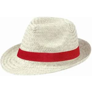 A straw hat featuring a red band. The hat has a classic fedora shape and a light, woven texture.