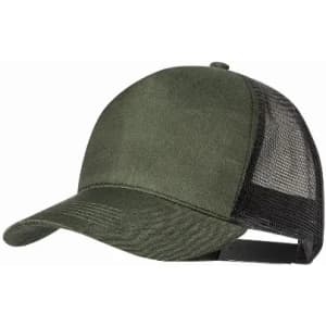 A green cap with a solid front and mesh back, featuring an adjustable strap.