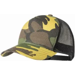 A cap featuring a camo pattern in green, brown, and yellow, with a black mesh back and adjustable strap.