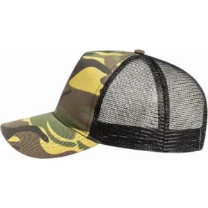 A cap with a camouflage front and black mesh back, featuring a curved visor and adjustable strap.