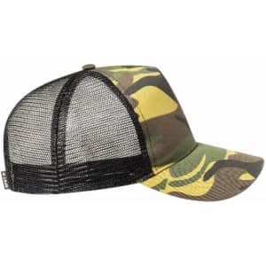 A camo cap featuring a mesh back and black brim, showcasing green and yellow foliage patterns.