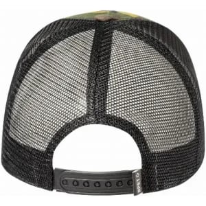 A black and green cap featuring a mesh back and snap closure. It includes a logo on the side.
