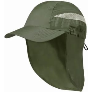 A green cap with a protective neck flap and a mesh panel for ventilation. It features an adjustable strap.