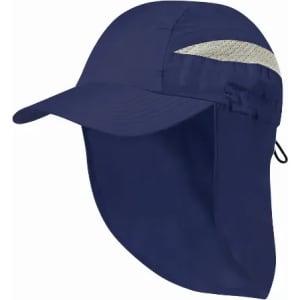 A navy sun hat featuring a wide brim and a mesh panel for ventilation. It has a rear flap for added sun protection.