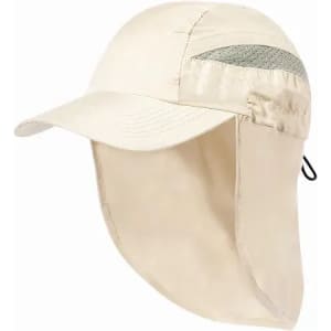 A sun hat in light beige with a mesh panel and a neck flap for UV protection. Features an adjustable strap.