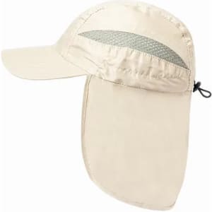 A beige sun hat featuring a mesh panel and a long flap at the back for added sun protection. It has an adjustable strap.
